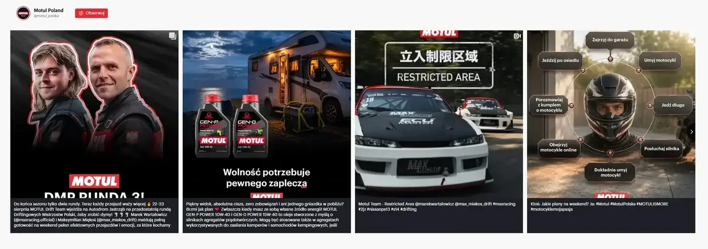 Przykładowe posty Motul Polska w mediach społecznościowych